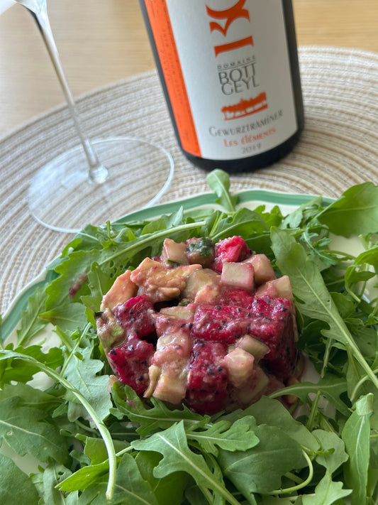 Foodpairing: Salat mit Pitaya, Avocado und Limetten-Dressing + Gewurztraminer von Bott-Geyl