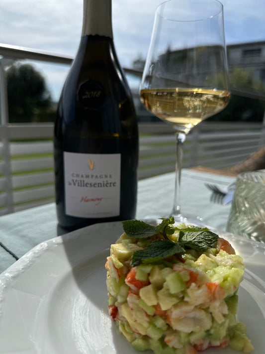 Grosse Harmonie: Tatar von Garnelen, Avocado, Gurke & Limette + Champagne La Villesenière Harmony 2018